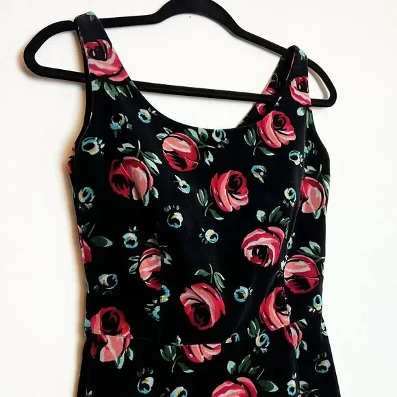 Esprit Vintage Black Velvet Floral Dress Pink Blue Roses Sz 5/6 - Picture 3 of 15